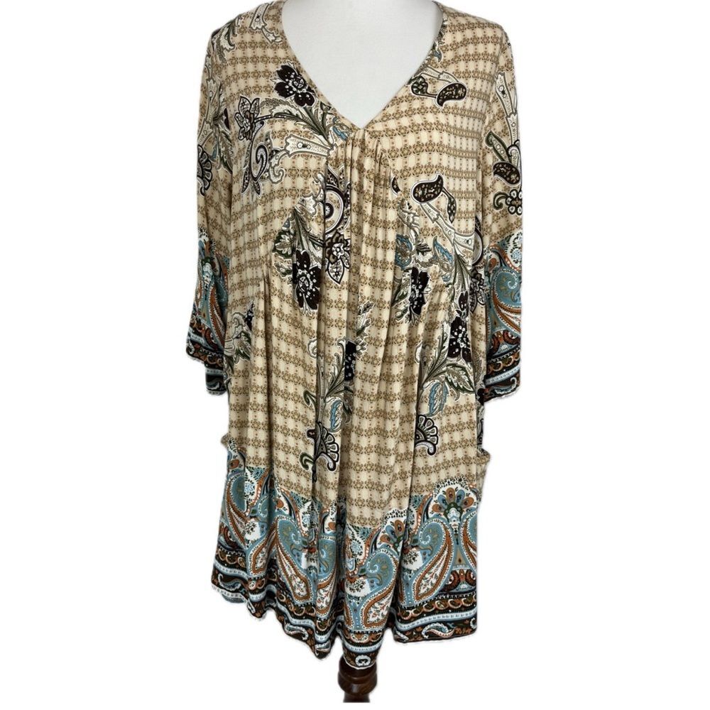 Umgee Paisley Mini Dress Tunic Size L Boho Free Spirit Festival Earthy Slouchy